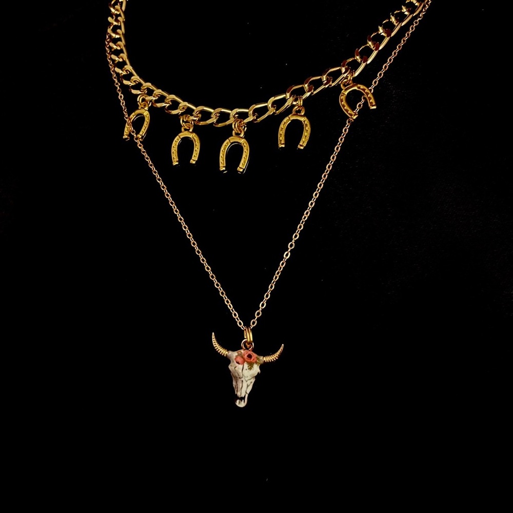 Handmade Bull Skull & Horseshoe Charm Necklace